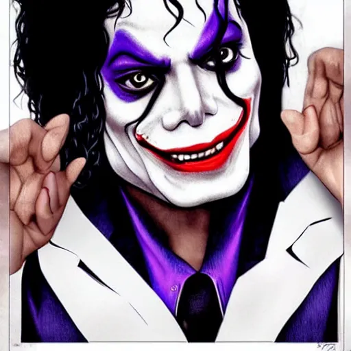 Image similar to michael jackson as the joker laugh on camera, with his hand make unappropriate sign. facial features, symmetrical anatomy, hyperdetailed, coloured comic, baroque, pop punk art style, fantasy, body features, posse features, without duplication, art by artgerm and ilya kuvshinov and vinicius gud and gustavo zambelli, intricate.