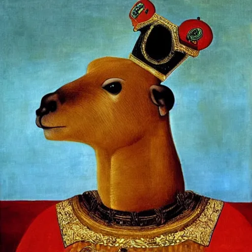 Prompt: A portrait of a capybara depicted as a medieval king on a throne, oil painting by Salvador Dali, in the style of Salvador Dali