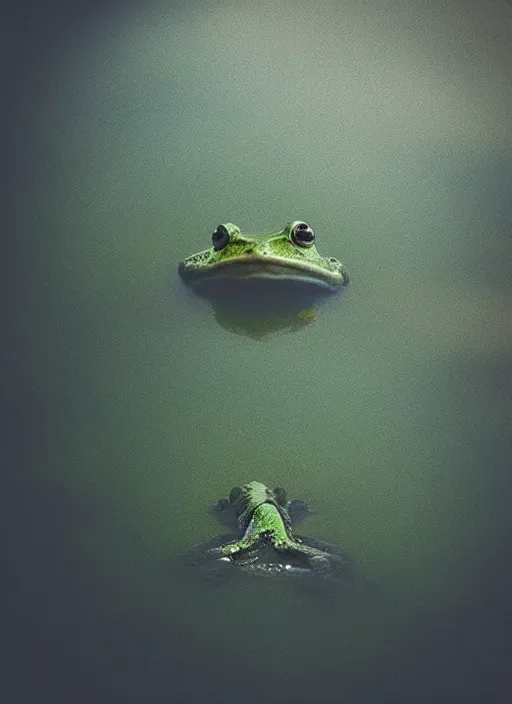 Image similar to “semitranslucent smiling frog amphibian vertically hovering over misty lake waters, frog in Jesus Christ pose, low angle, long cinematic shot by Andrei Tarkovsky, paranormal, eerie, mystical”