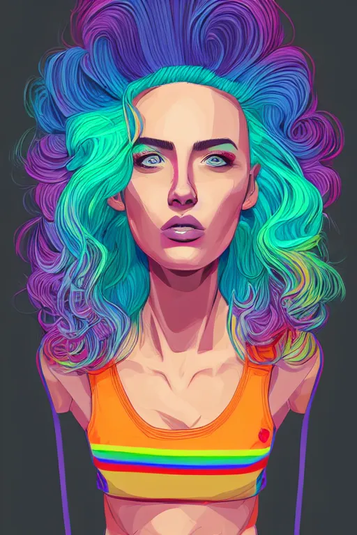 Prompt: a award winning half body portrait of a beautiful woman with stunning eyes in a croptop and cargo pants with rainbow colored ombre hairstyle head in motion and hair flying by josan gonzales, outrun, vaporware, shaded flat illustration, digital art, trending on artstation, highly detailed, fine detail, intricate