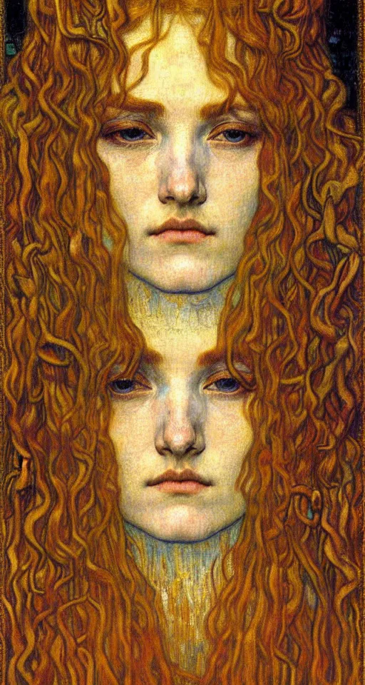 Image similar to detailed realistic beautiful young medieval queen face portrait by jean delville, gustav klimt and vincent van gogh, art nouveau, symbolist, visionary, gothic, pre - raphaelite, muted earthy colors, desaturated