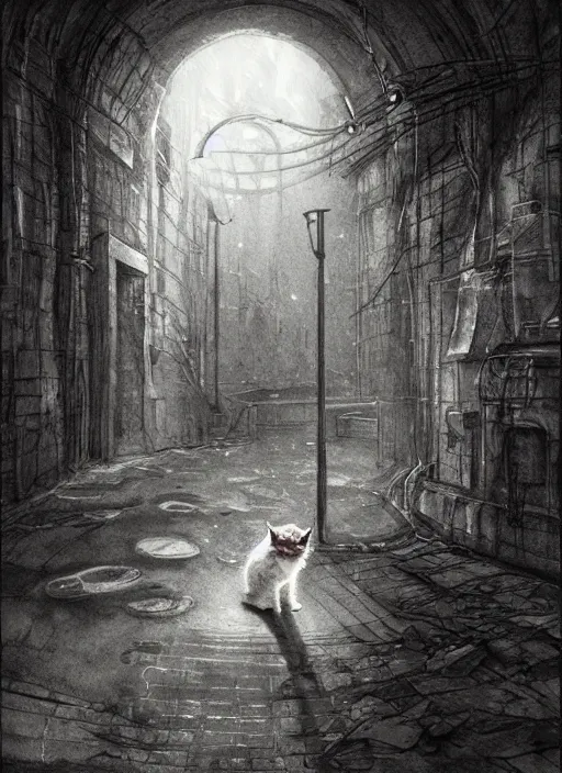 Image similar to portrait, depressed scruffy kitten wanders a scary sewer, watercolor, dramatic lighting, cinematic, establishing shot, extremely high detail, foto realistic, cinematic lighting, pen and ink, intricate line drawings, by Yoshitaka Amano, Ruan Jia, Kentaro Miura, Artgerm, post processed, concept art, artstation, matte painting, style by eddie mendoza, raphael lacoste, alex ross