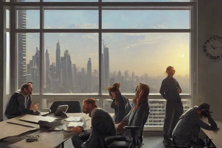 Prompt: monkey employees setting on glorious meeting room, papers and bananas scattered on the table, sunset, buildings and skyline showing from windows, fine art, artstation, matte painting, masterpiece by vasnetsov