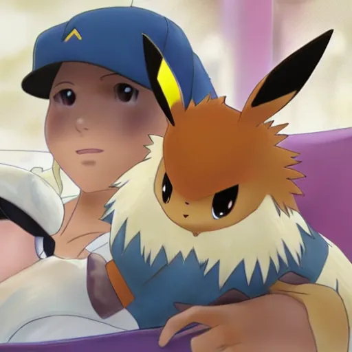 Image similar to eevee sitting in its pokemon trainer's lap, realistic, pokemon - c 1 5