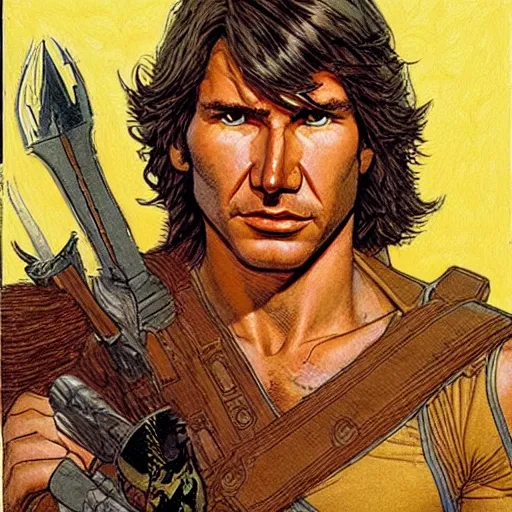 Prompt: a realistic, very beautiful and atmospheric portrait of young harrison ford as he - man character warrior wizard, prince of the universe, looking at the camera with an intelligent gaze by rebecca guay, michael kaluta, charles vess and jean moebius giraud