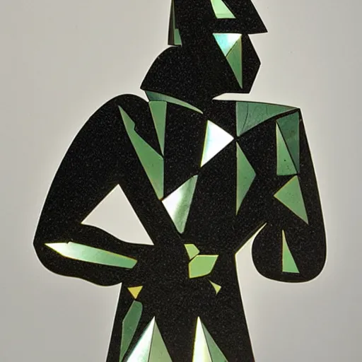 Prompt: sharp glass shards that make the form of an armored figure, geometric