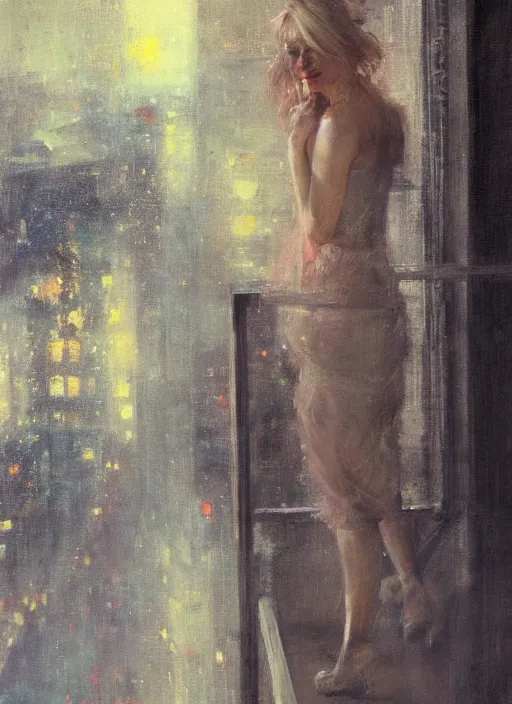 Image similar to painting of a beautiful blonde woman leaning over a balcony at night, looking down at the out of focus cityscape below, by Jeremy Mann, stylized, detailed, dark tones, emotional