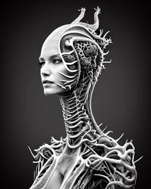 Prompt: a black and white high quality photo of a young beautiful female queen-dragon-cyborg bust with a very long neck and Mandelbrot fractal face, Mandelbrot fractal skin, flesh, anatomical, facial muscles, veins, arteries, elegant, highly detailed, flesh highly baroque ornate, hair are cable wires, elegant, high fashion, rim light, octane render, in the style of H.R. Giger and Man Ray, Realistic, Refined, Digital Art, Highly Detailed, Cinematic Lighting, rim light, black and white, photo-realistic, 8K