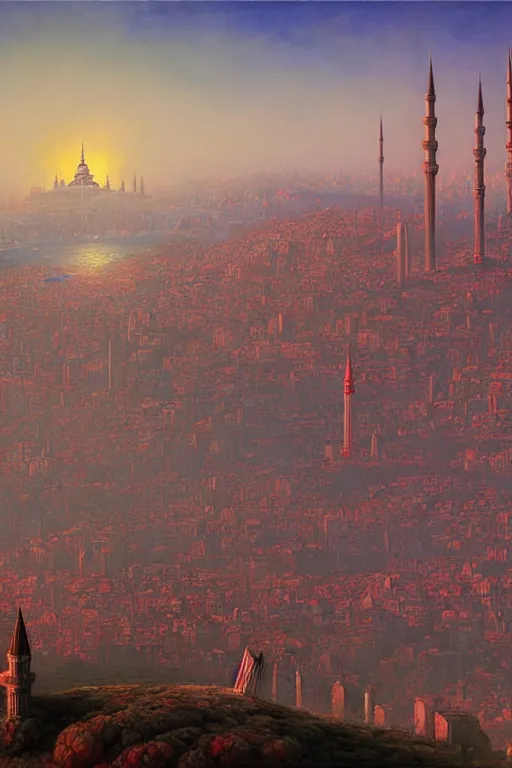 Image similar to skyline of istanbul, cementary scenery, fantasy 3 d render, masterpiece, red aura, by donato giancola and greg rutkowski and wayne barlow and zdzisław beksinski