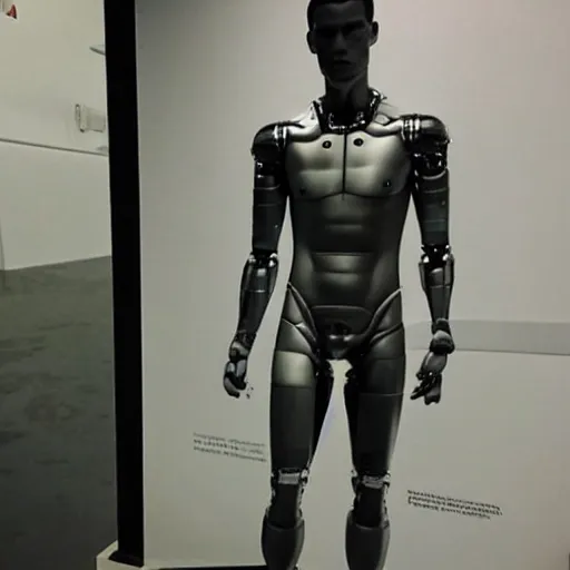 Image similar to “a realistic detailed photo of a guy who is an attractive humanoid who is half robot and half humanoid, who is a male android, Cristiano Ronaldo, shiny skin, posing like a statue, blank stare”