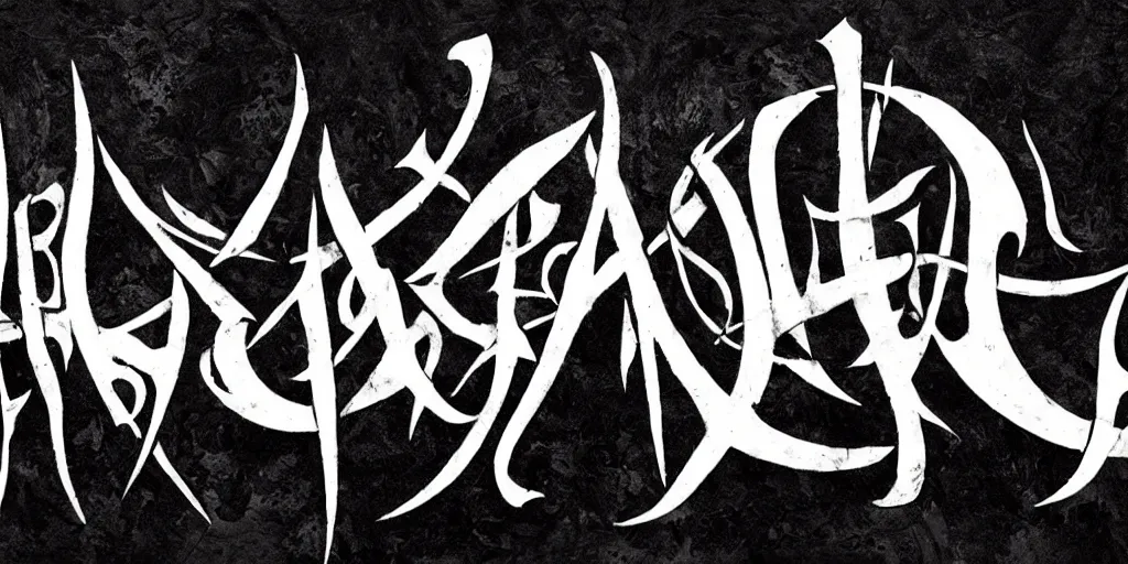 Prompt: masterpiece, intricate black death metal logo calligraphy by thomas bokler, wildan slam art, behance, detailed white letters on black background