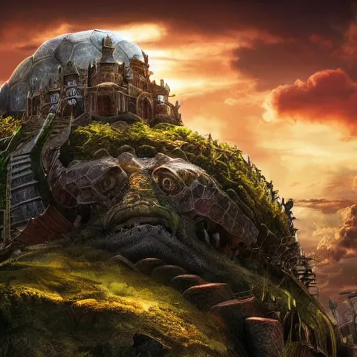 Prompt: large fantasy castle riding on the top of a giant tortoise, towering over a harsh wasteland with sharp rays of sunlight, howls moving castle, mortal engines, kaiju, distant - mid - shot, fantasy, hyper detailed, 4 k