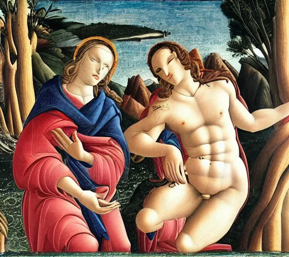 Image similar to two men who a secretly attracted to each other seperated by a deity on one side is light on the other is darkness in the style of botticelli