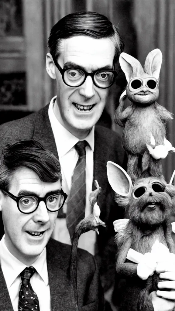 Prompt: jacob rees - mogg with mogwai from the film gremlins