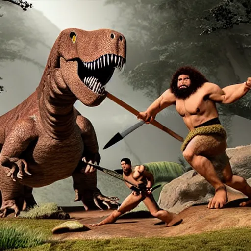 Prompt: A large dinosaur! fighting with several realistic detailed cavemen with proportioned bodies, next to the dinosaur are cavemen, the cavemen are armed with spears, the caveman are in a fighting stance, the cavemen are wearing animal furs, one caveman is stabbing the dinosaur with his spear, one caveman is cowering in fear, coarse canvas, visible brushstrokes, intricate, extremely detailed painting by William Turner (and by Greg Rutkowski)