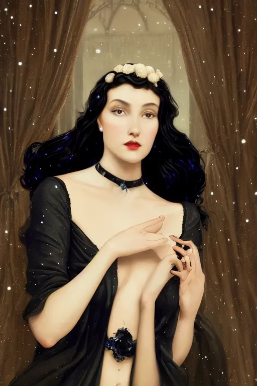 Image similar to Nocturne, glowing, stars, a long-legged elegant sultry woman, long black hair, pearl choker, snow white, highly detailed, mysterious, ethereal, dressed in black velvet, haute couture, illustration, dramatic lighting, soft details, painting, by Edmund Blair Leighton, Brom, Charlie Bowater, trending on artstation, faces by otto schmidt