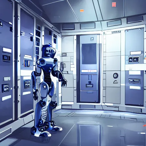 Image similar to a digital art of robot power armor in server room in style of space odyssey character design, robot in data center, trending on artstation, 8 k, ultra wide angle, zenith view, pincushion lens effect