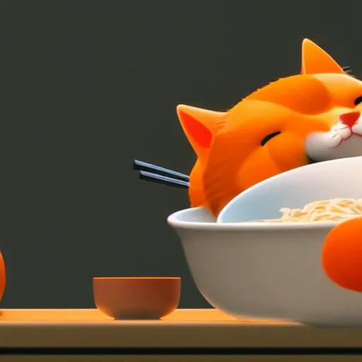 Image similar to A fat, cute orange cat eating ramen, cozy, octane render by Goro Fujita, details, lights, beautiful, 4K, 8K