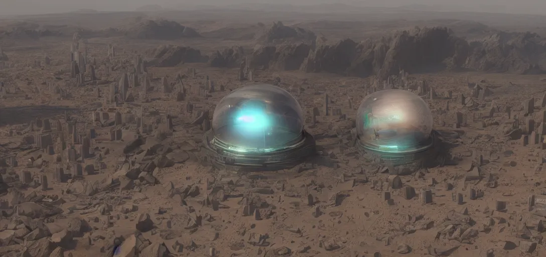 Prompt: concept art of a martian city protected by a single!!! giant transparent glass dome, on the martian landscape. trending on artstation, ray tracing, volumetric lighting, cinematic lighting, highly detailed. art by paul chadeisson and greg rutowski