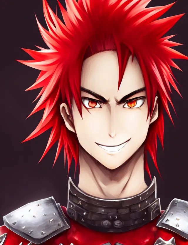 Image similar to a detailed manga portrait of an attractive tall boy with spiked crimson hair and a menacing smile in fiery crimson crystalline armour, trending on artstation, digital art, 4 k resolution, detailed, high quality, sharp focus, hq artwork, coherent, insane detail, character portrait