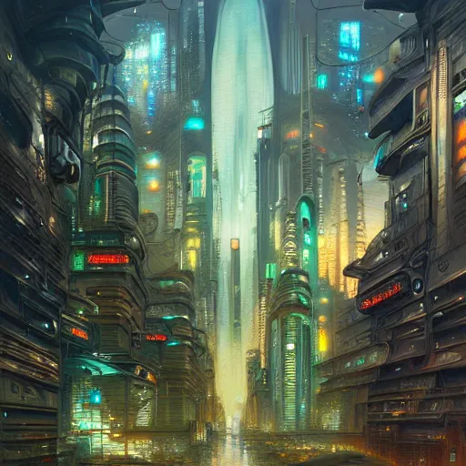 Image similar to wide angle shot of a cyberpunk city, intricate, elegant, highly detailed, centered, digital painting, artstation, concept art, smooth, sharp focus, illustration, artgerm, Tomasz Alen Kopera, Peter Mohrbacher, donato giancola, Joseph Christian Leyendecker, WLOP, Boris Vallejo