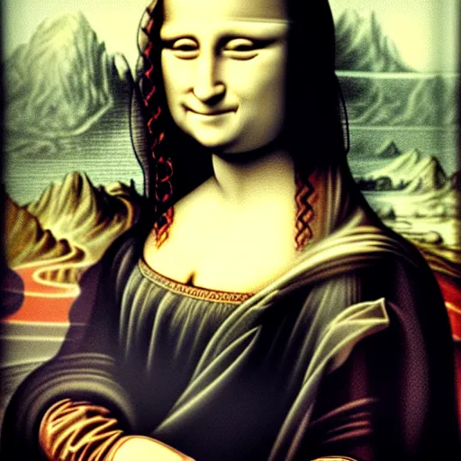 Image similar to highly realistic photo of mona lisa in the style of cyberpunk