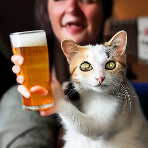 Image similar to a cat is holding a beer