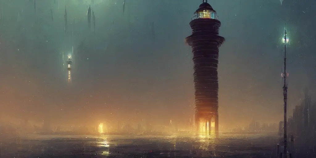 Image similar to concept art of a lone towering sci - fi lighthouse at the waterfront of a busy city, grimy, gritty, blade runner 2 0 4 9, trending on artstation, award winning painting, cgi, art by john berkey and anton fadeev and john howe and simon stalenhag