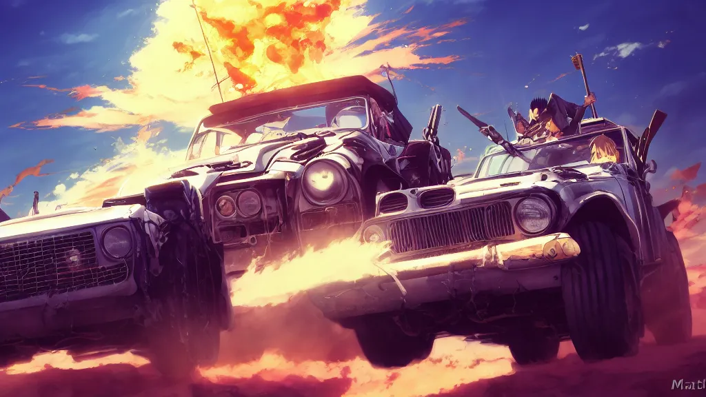 Image similar to anime illustration of mad max's fj 4 0 pursuit special, the last v 8 interceptor driving down to the gates of valhalla highway, riding fury road eternal shiny and chrome, world of fire and blood, by makoto shinkai, ilya kuvshinov, lois van baarle, rossdraws, basquiat, global illumination ray tracing hdr