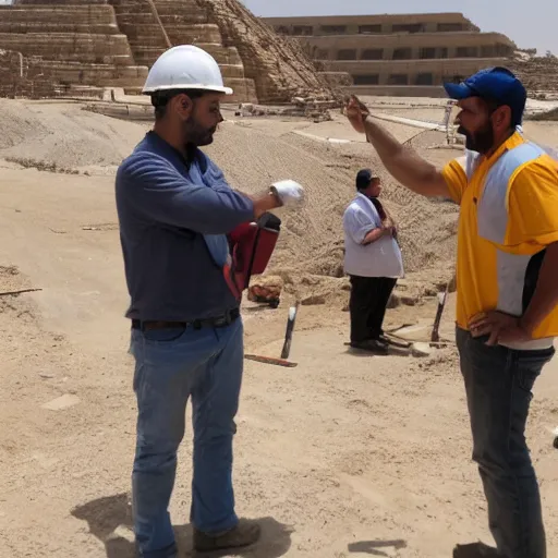 Image similar to a rare candid photograph of an egyptian engineer and a construction worker talking at the early construction of the khufu pyramid, dslr high resolution