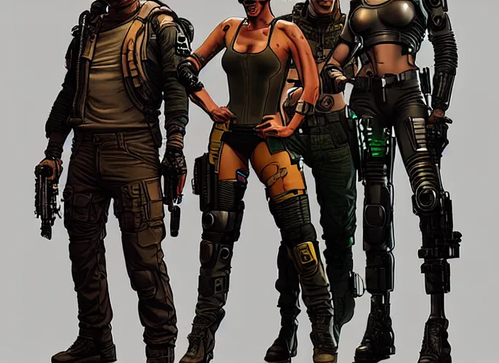 Image similar to cyberpunk mercenary team. portrait by stonehouse and mœbius and will eisner and gil elvgren and pixar. character design. realistic proportions. cyberpunk 2 0 7 7 character art, blade runner 2 0 4 9 concept art. cel shading. attractive face. thick lines. the team. diverse characters. artstationhq.