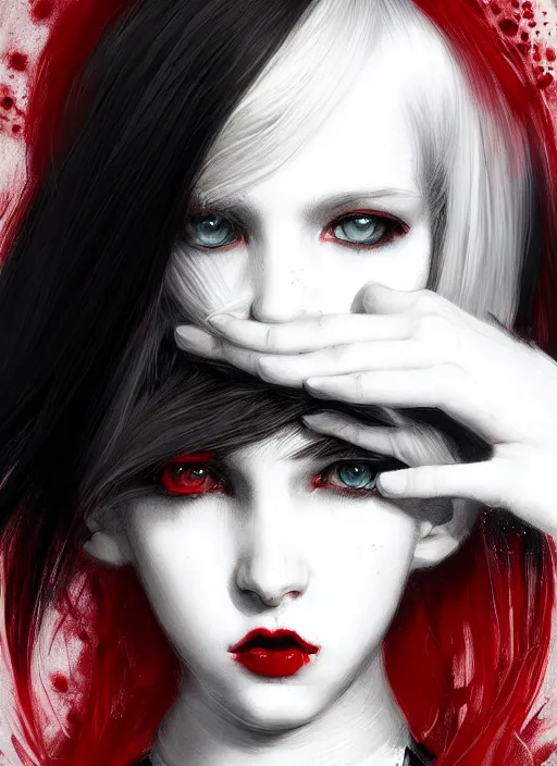 Image similar to portrait of white teenage girl, normal face, black bangs, mall goth, cyberlox, black and white hair, bangs, fluffy bangs, red contacts, intricate, elegant, highly detailed, digital painting, artstation, concept art, sharp focus, smooth, illustration, art by wlop, mars ravelo and greg rutkowski