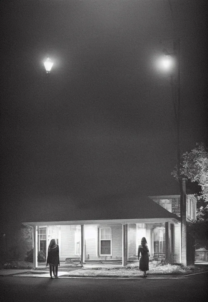 Image similar to “ quiet american neighborhood at night, a woman waiting with a black umbrella, photography in the style of gregory crewdson, mist, rule of thirds ”