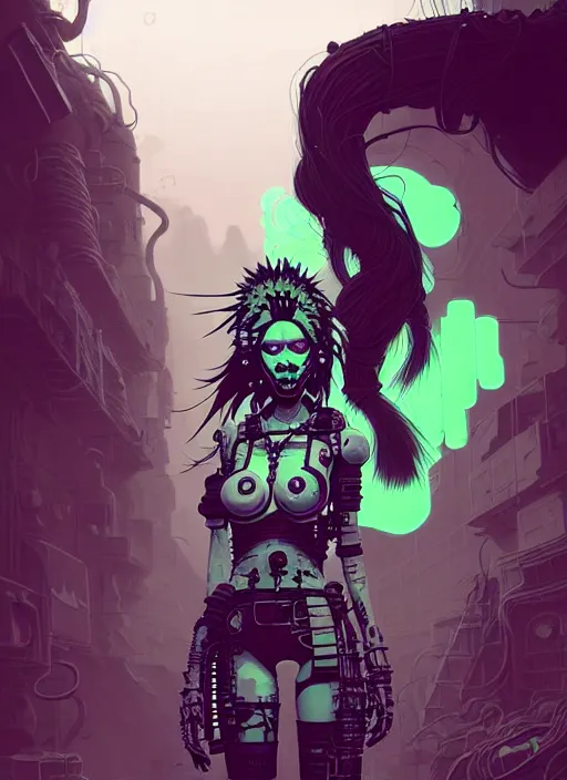 Prompt: highly detailed portrait of wasteland punk long caustic poison hair tribal lady, stray wiring by atey ghailan, james gilleard, by joe fenton, by greg rutkowski, by greg tocchini, by kaethe butcher, 4 k resolution, gradient green, purple, black and white color scheme!!! ( ( green flaming robotic sewer background ) )