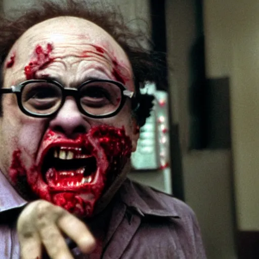 Prompt: zombie danny devito in fight club, anamorphic lens, cinestill colour