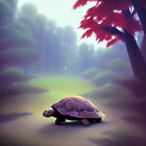 Image similar to Goro Fujita a portrait tortoise walking through the forest, painting by Goro Fujita, ArtStation