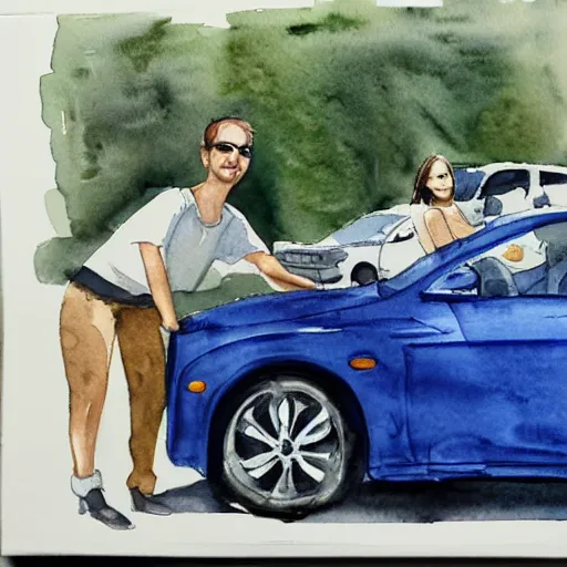 Image similar to a watercolor painting of some people next to a car