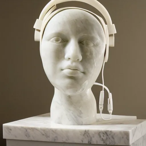 Image similar to a marble sculpture, using headphones in the bathroom