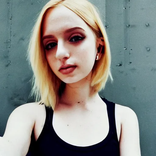 Prompt: portrait of a young blonde emo girl, flawless features, pale skin, beautiful beautiful beautiful, instagram selfie, crop top
