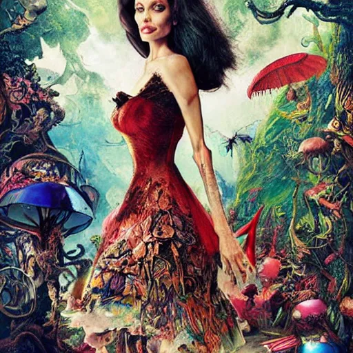 Image similar to angelina jolie in alice in wonderland tripping on lsd, intricate detail, painting, royo, frazetta, whealan,