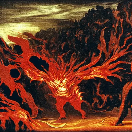 Image similar to nightmarish mutated creatures surrounding magical cursed shimmering lava in an awful hell, by caravaggio