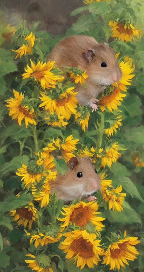 Image similar to a highly detailed beautiful portrait of a cute little hamster surrounded by beautiful sunflowers, by gregory manchess, james gurney, james jean