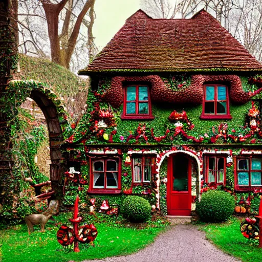 Prompt: This image is of an ornate fantasy cottage. A cottage with intricate stained-glass windows and doors with ivy crawling up the walls. A gingerbread style cottage straight out of a fairytale book complete with candy cane pillars and gumdrop roofs. Pentax 645, Ektar 100