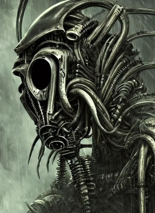 Prompt: Dark scary atmospheric detailed cyberpunk demon with mechanical wires wearing GAS MASK from the NetherRealm smoke mist vapor atmosphere by HR Giger