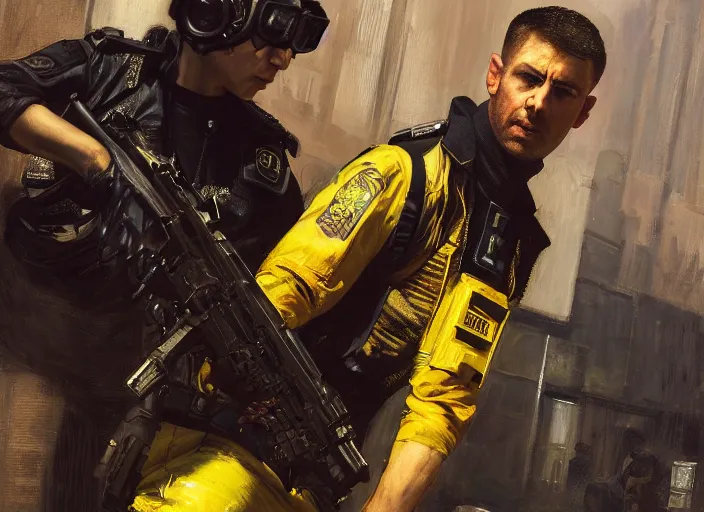 Prompt: Maria evades sgt Nash. Cyberpunk hacker wearing yellow escapes police troopers (blade runner 2049, cyberpunk 2077). beautiful face. Orientalist portrait by john william waterhouse and James Gurney and Theodore Ralli and Nasreddine Dinet, oil on canvas. Cinematic, hyper realism, realistic proportions, dramatic lighting, high detail 4k