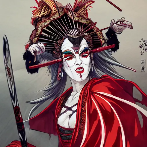 Image similar to an insane kabuki wielding a spear while striking a pose, magical aura of insanity driving beasts insane, intricate hakama, red wig, detailed face with crossed eyes, high energy, trending on artstation, detailed concept art,