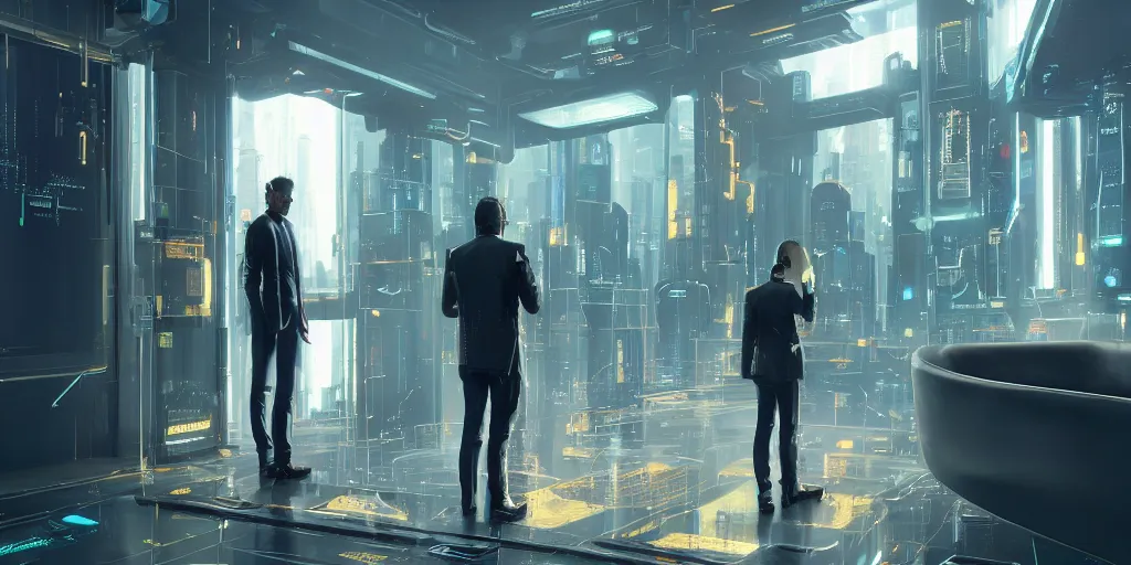 Prompt: private virtual metaverse room, elegant, hiring bot welcoming 6 participants, futuristic avatars, holograms, by greg rutkowski, cyberpunk 2 0 4 8, blade runner 2 0 9 9, 4 k, ominous, golden ratio, awe inspiring