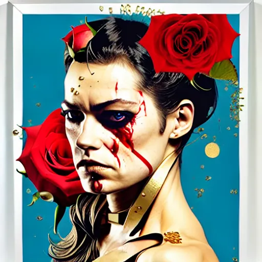 Image similar to portrait of american woman :: side profile :: in ocean :: roses and guns metal details :: gold :: blood and horror :: by marvel and Sandra Chevrier