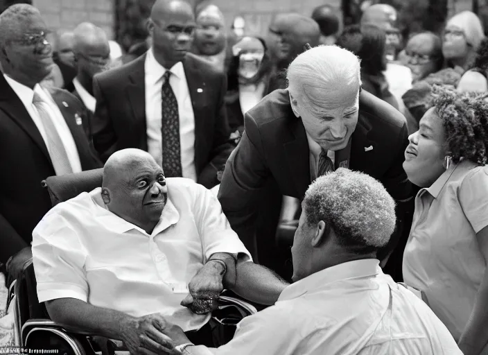 Prompt: Biden in a wheelchair getting spoon-fed by obese black woman, award winning cinematic photography, 50 mm, blurred background, trending on twitter