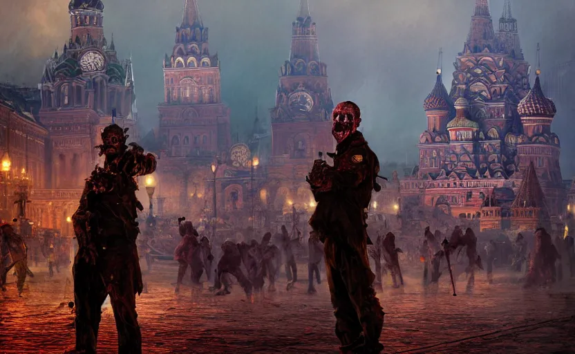 Image similar to zombie Putin on the Red Square, fantasy, intricate, сinematic lighting, insanely detailed, smooth, sharp focus, Artstation, 8k, unreal engine, hyper realistic, steampunk style, bright background, moonlight, volumetric lighting, wallpaper, digital illustration by Ruan Jia and Mandy Jurgens and Artgerm and Wayne Barlowe and Greg Rutkowski and Zdislav Beksinski